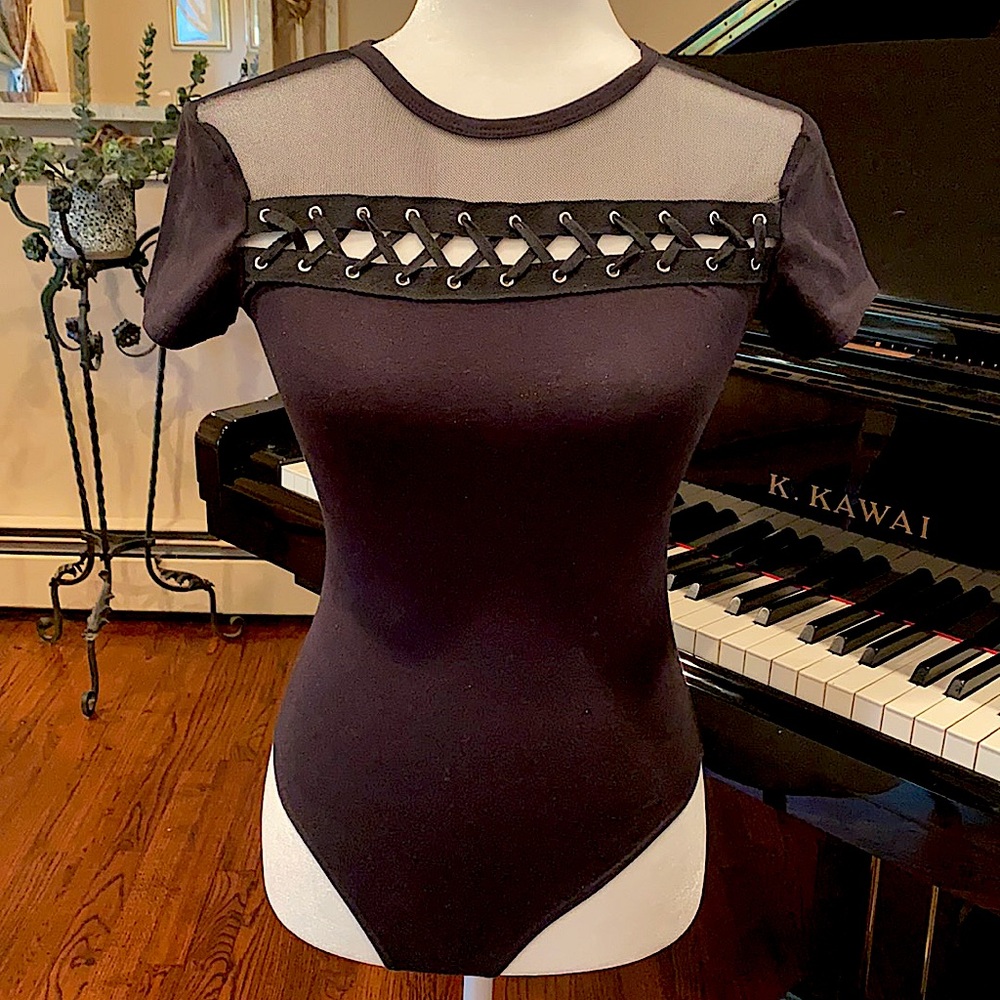 Black Short Sleeve Bodysuit with Mesh Detail